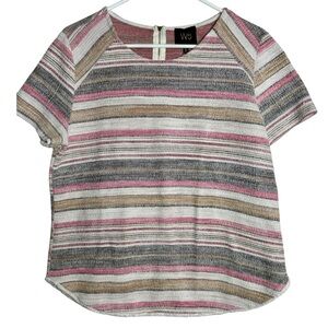 Anthropologie W5 Vintage Pink Neutral Striped Tweed Textured Fringe Top XL